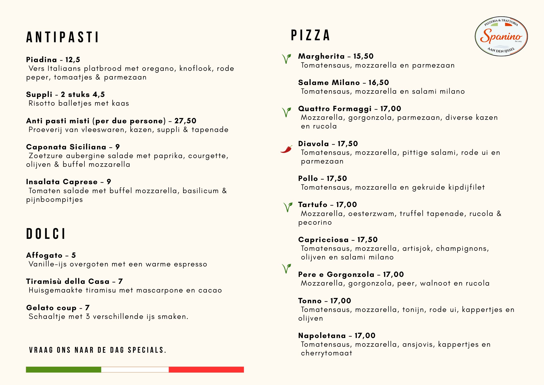 Spanino menukaart — pizza's met prijzen